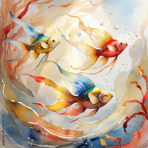 Watercolor Painting of Colorful Fish Swimming in Abstract Underwater Scene