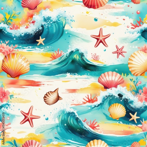 Watercolor Seashells & Waves Pattern, Beach Seaside Holiday Seamless Design