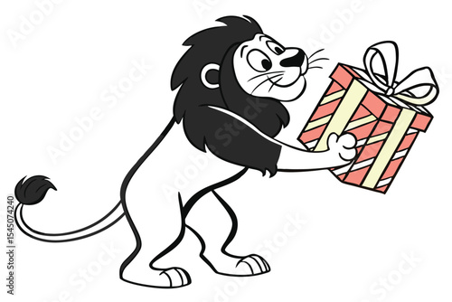 Cartoon lion delivers a colorful present, his joy clear as he holds the gift
