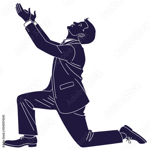 Silhouette of a businessman in a suit on his knees and begging with raised arms on white background