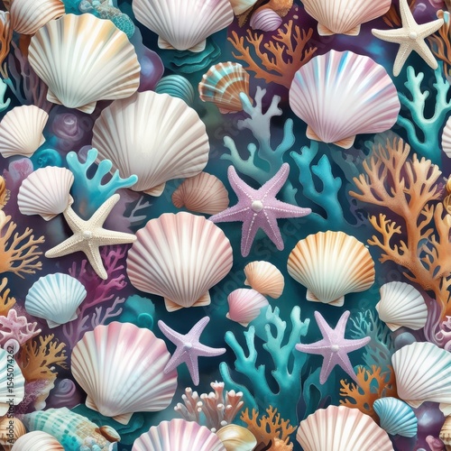 Seamless Ocean Texture with Seashells, Starfish, and Coral, Digital Art