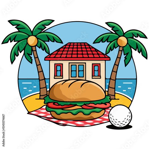 Tropical Beach Summer T Shirt Design with rest house burger, coconut tree, ball.