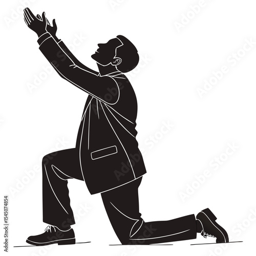 Silhouette of a businessman in a suit on his knees and begging with raised arms on white background
