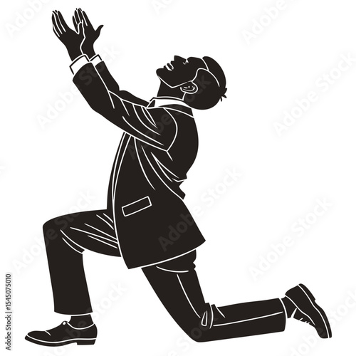 Silhouette of a businessman in a suit on his knees and begging with raised arms on white background