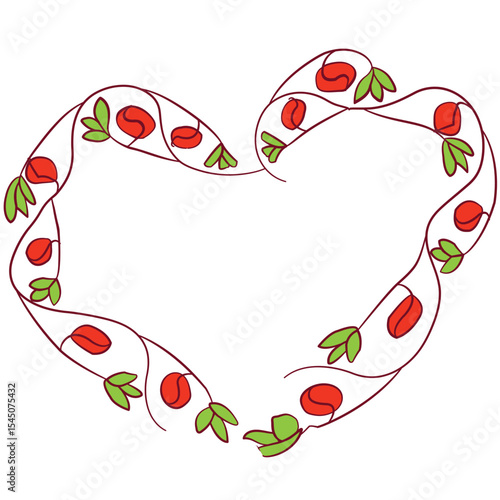 Line art heart shape frame with leaves and red buds