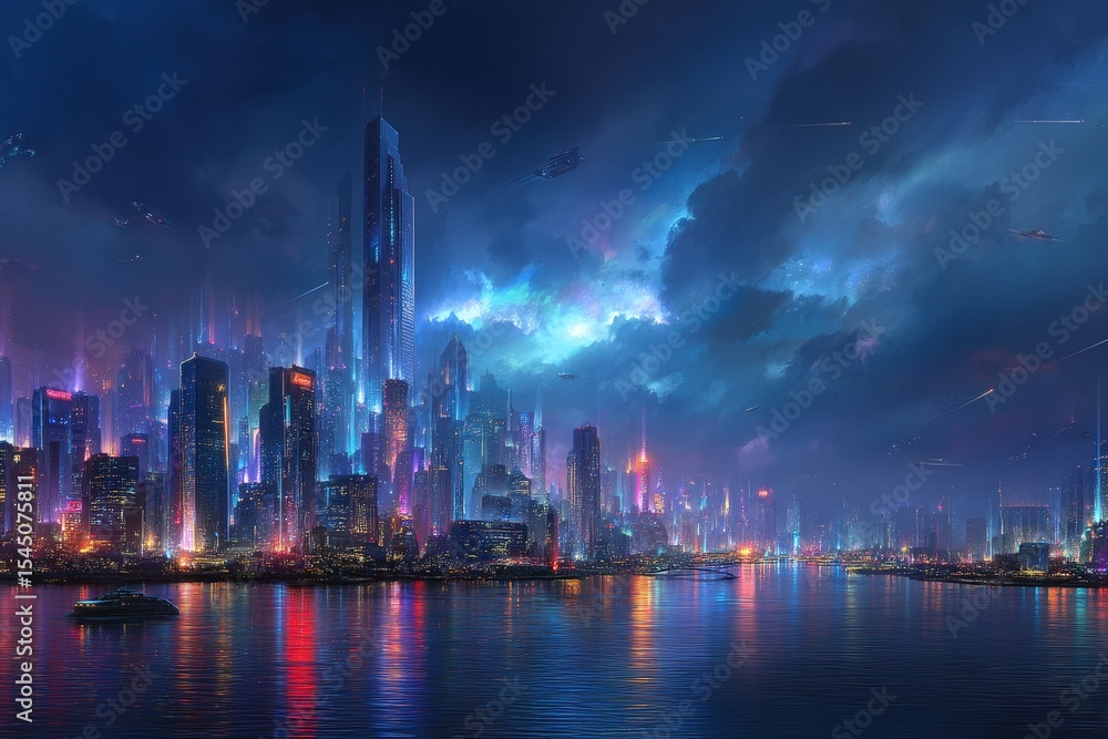 Obraz premium Urban skyline illuminated at night showcasing futuristic architecture and vibrant city life in a bustling metropolis