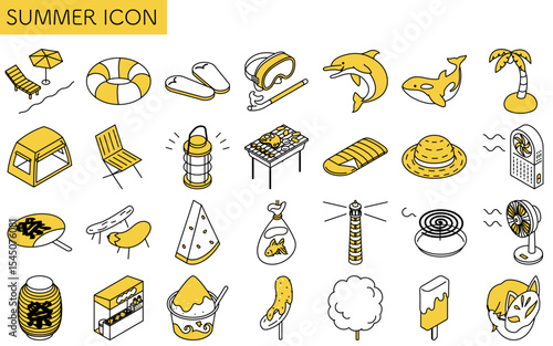 Isometric line art illustration of simple summer icon set including beach, camping, and festival elements