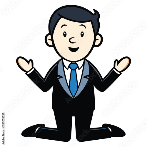 Silhouette of a businessman in a suit on his knees and begging with raised arms on white background