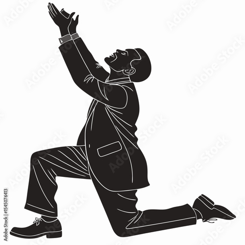 Silhouette of a businessman in a suit on his knees and begging with raised arms on white background