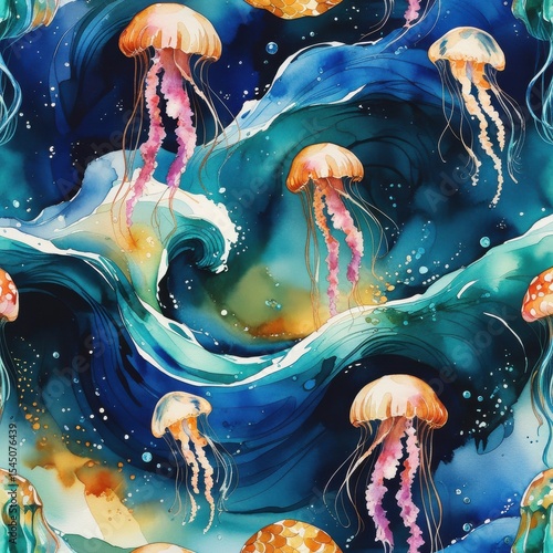 Watercolor Jellyfish Seamless Pattern, Underwater Ocean Life, Art Background