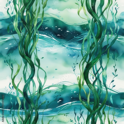 Watercolor Seaweed Abstract Pattern, Tranquil Oceanic Design