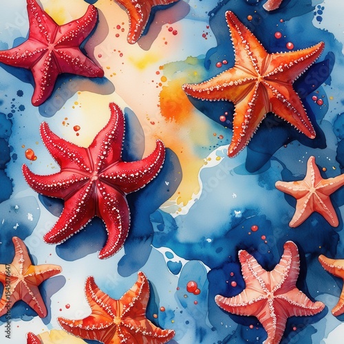 Watercolor Starfish Pattern, Artistic Ocean Theme, Seamless Background