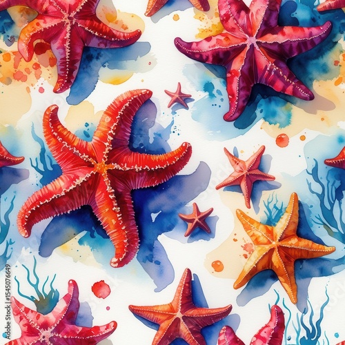 Watercolor Starfish Seamless Pattern, Colorful Marine Life Design