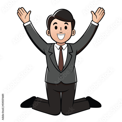 Silhouette of a businessman in a suit on his knees and begging with raised arms on white background