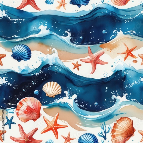 Watercolor Sea Life Pattern: Starfish, Seashells & Waves, Seamless Background
