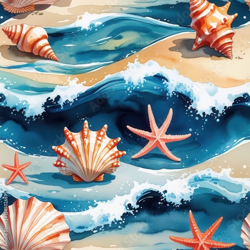Watercolor Beach Seamless Pattern: Shells, Starfish, and Waves