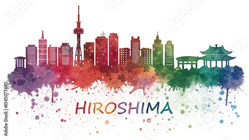 Colorful Hiroshima Skyline Watercolor Silhouette with Buildings and Landmarks