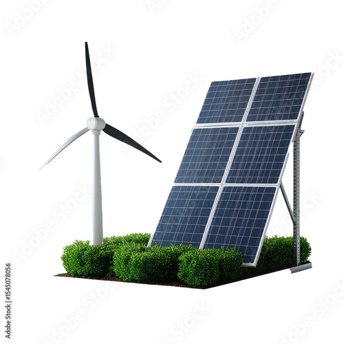 Renewable energy sources wind turbine and solar panels against white background