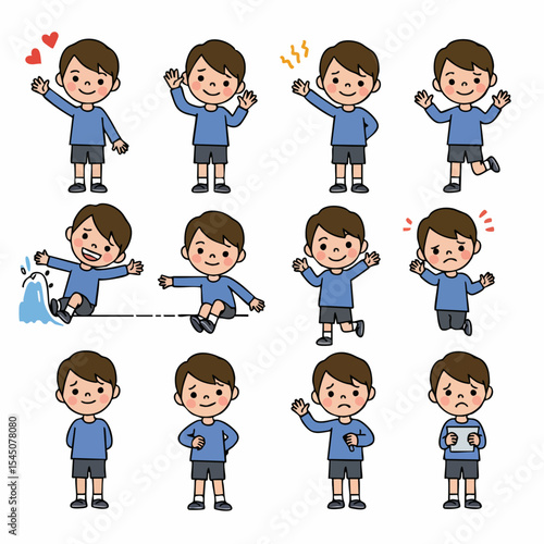 Emotions Displayed by a Young Boy: A collection of illustrations showcases a charming young boy expressing various emotions, from joy and excitement to sadness and frustration.