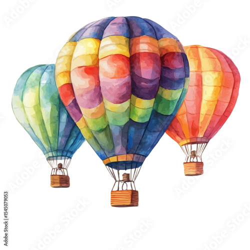 Hot Air Balloon Fields, watercolor illustration vector, isolated on a white background.