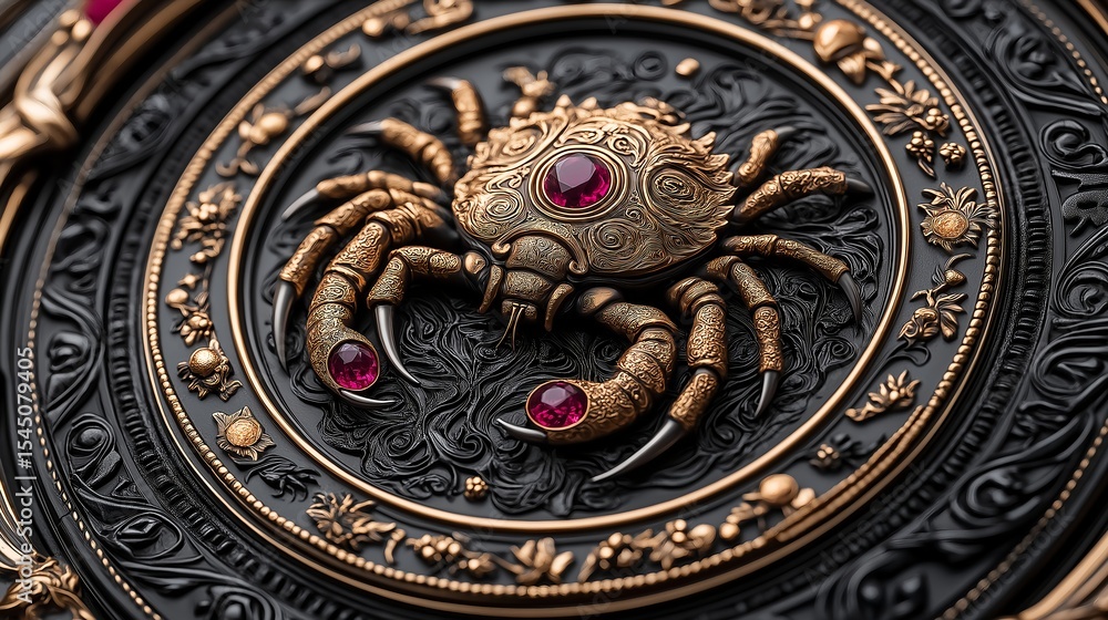 Obraz premium Golden decoration in the form of a sea crab with precious stones. Illustration on the theme of wealth and treasures.