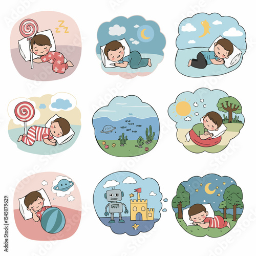 Dreams & Visions: A vibrant collection of artistic illustrations showcasing a person peacefully asleep and entering into different dream worlds, showcasing daydreams and the imagination