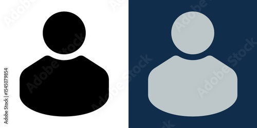 User profile icon in black and gray versions. Simple person avatar symbol for social media, website interface, contact, or login button in minimal flat design, isolated on contrasting backgrounds.