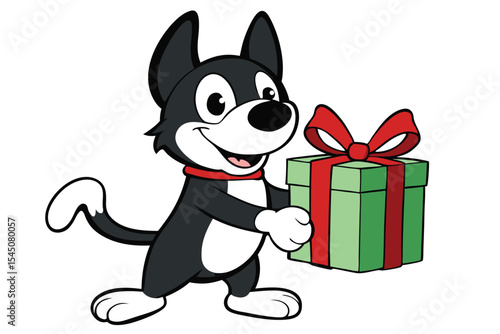 Cartoon dog joyfully carries a green gift box adorned with red ribbon present