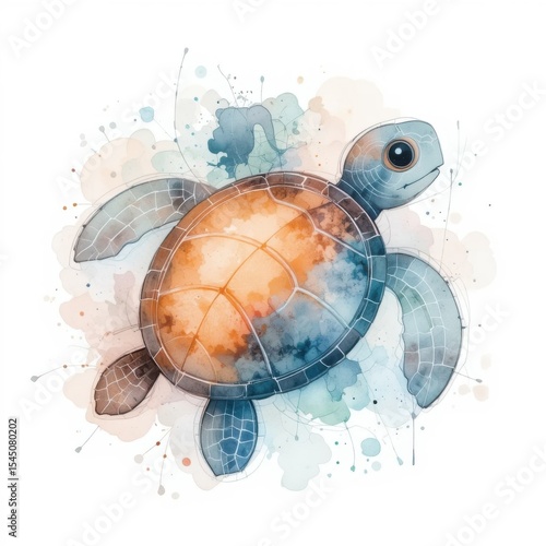 Watercolor Sea Turtle Illustration with Colorful Abstract Splashes