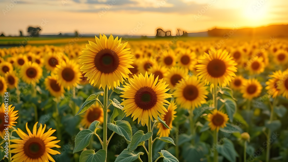 Fototapeta premium Golden hour sunflowers in a vast field, vibrant blooms at sunset.