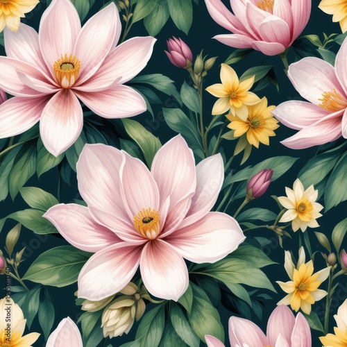 Floral Seamless Pattern of Pink Magnolia Flowers on Dark Green Background