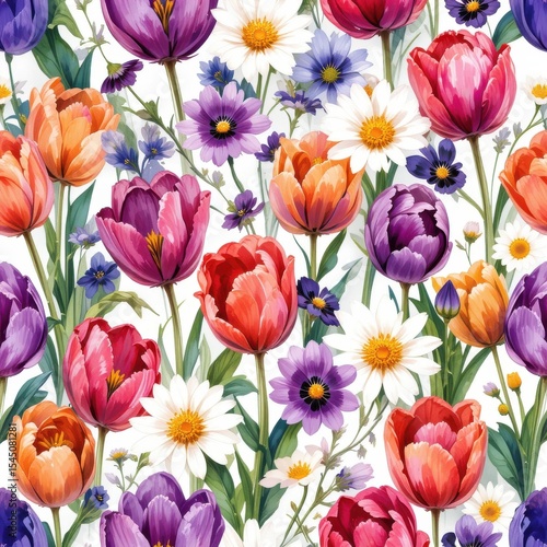 Watercolor Floral Seamless Pattern: Tulips, Daisies and Wildflowers