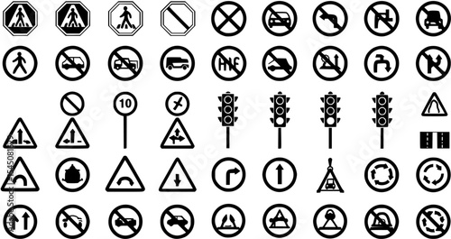 Traffic and safety icon collection, road sign symbols for navigation and direction use
