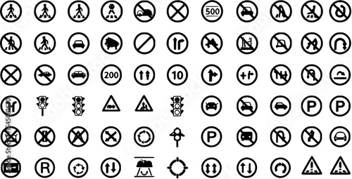 Traffic and safety icon collection, road sign symbols for navigation and direction use
