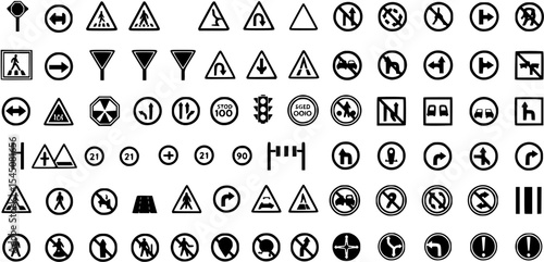 Traffic and safety icon collection, road sign symbols for navigation and direction use
