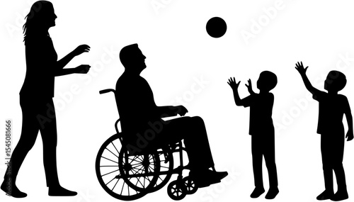 Father in wheelchair playing catch a ball with wife and son black silhouettes.
