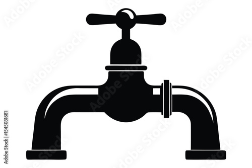 Silhouette Illustration of a Vintage Water Tap with Handle and Pipe Connections