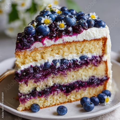 Delightful layered cake topped with fresh blueberries and flowers on a light-colored plate