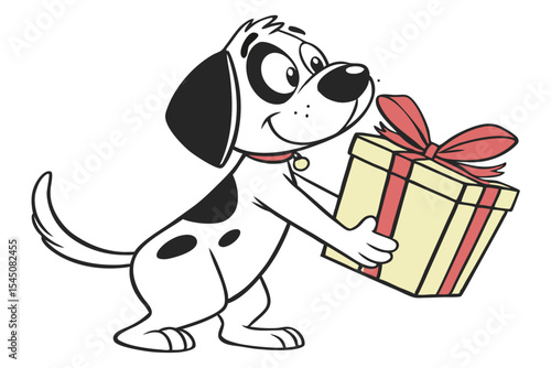 Cartoon Dalmatian puppy cheerfully carries a yellow gift box tied with a red ribbon and bow