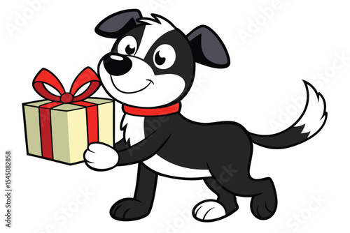 Cartoon dog is holding a yellow gift box with a red ribbon carefully