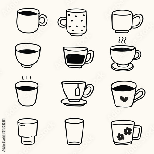 vector illustration of cup and mug doodle art set, scribble hand drawn art,icon and symbol