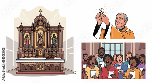 Set of vector illustrations of mass celebration: altar, priest elevating the host, congregation singing hymns