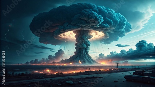 Nuclear Explosion Over City with Massive Fireball and Destruction