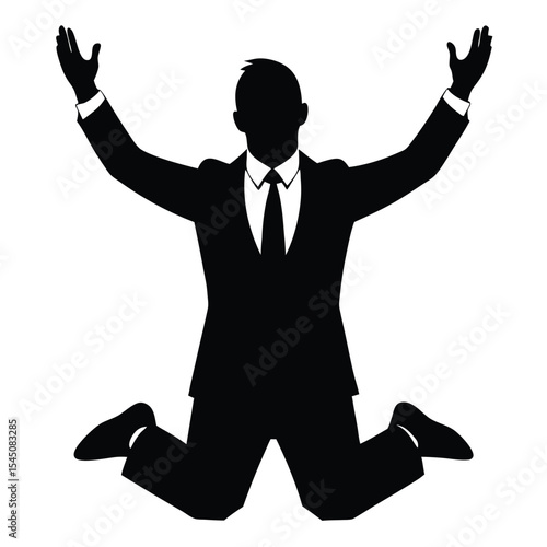 Silhouette of a businessman in a suit on his knees and begging with raised arms on white background