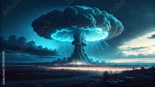 Nuclear Explosion Over City with Massive Fireball and Destruction