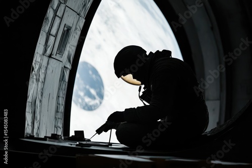Fototapeta Naklejka Na Ścianę i Meble -  Silhouetted astronaut working on a spacecraft against the backdrop of Earth.