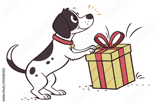 Cartoon spotted dog enthusiastically inspects a gift box tied with a ribbon on white background