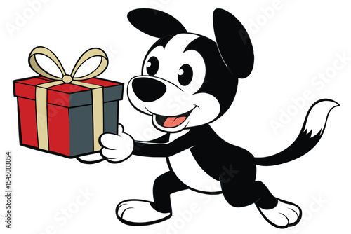 Cartoon dog joyfully carries a red and gray present wrapped with a ribbon for celebration