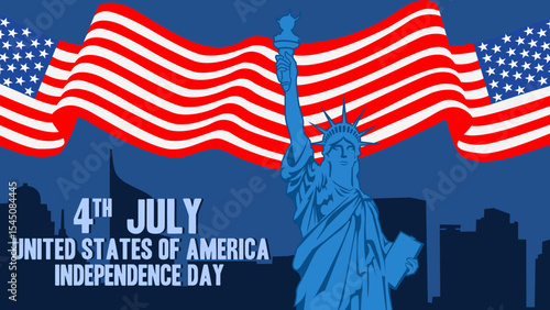 Independence Day 4th July greetings, with the American national flag, and the statue of liberty, with silhouette of city