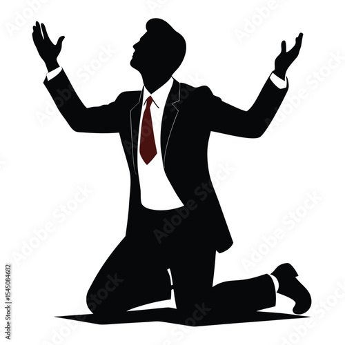 Silhouette of a businessman in a suit on his knees and begging with raised arms on white background